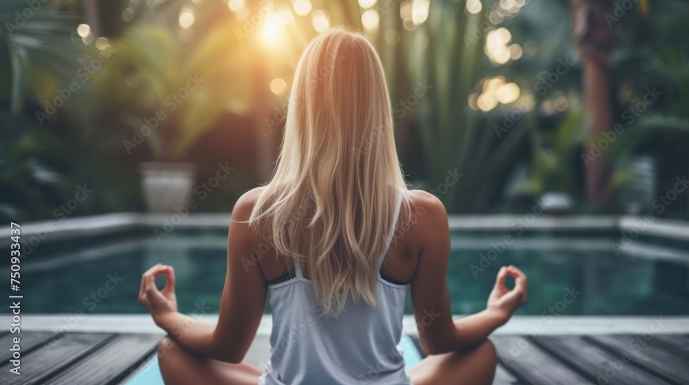 a woman sitting in a lotus position in front of a swimming pool with the sun shining through the trees behind her. a woman sitting in a lotus position in front of a swimming pool with the sun shining through the trees behind her.