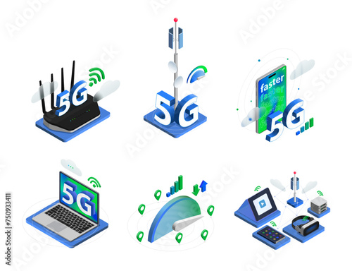 5g isometric concept. Internet technologies, laptop and communication tower. Router and cloud service, speed check, digital pithy vector scenes