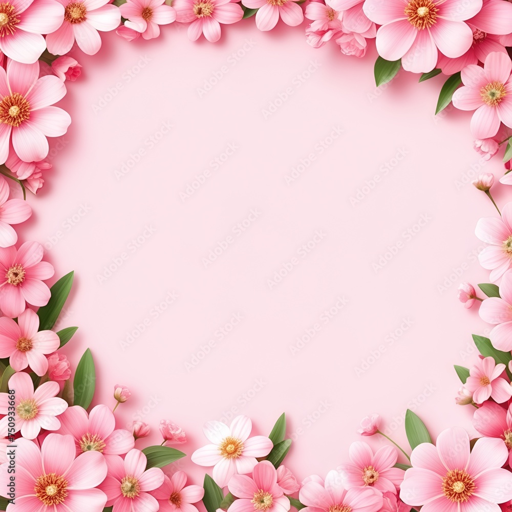 A delicate frame of vibrant pink and white flowers with green leaves on a soft pink background, ideal for spring themes