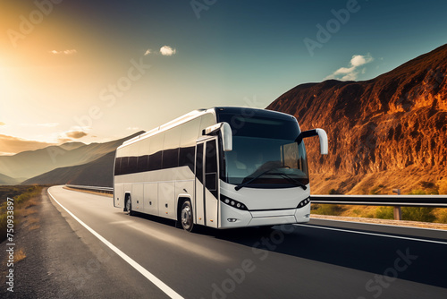 Modern intercity bus against desert mountains at sunset on scenic highway.