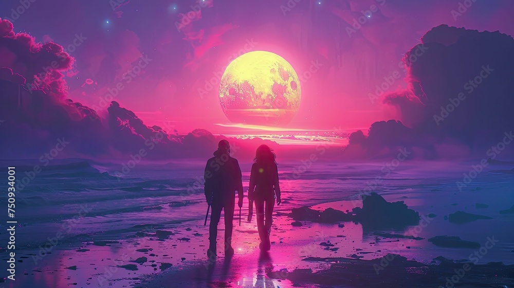A couple gazes at a sci-fi inspired sunset with a glowing orb in the distance