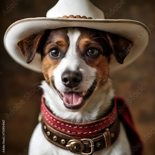 A dog in a cowboy hat and bandana, creatively edited for a whimsical Wild West theme