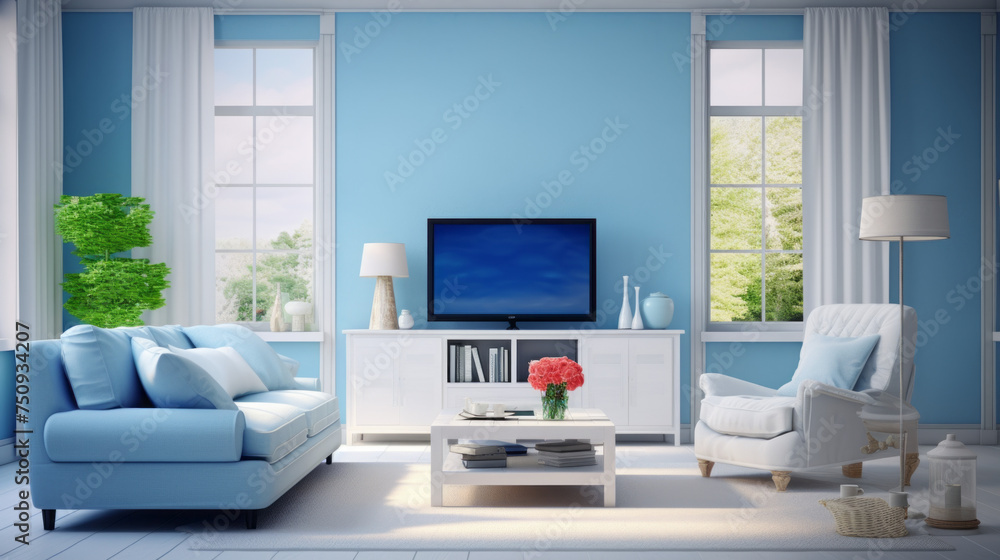 A modern living room with a sleek white entertainment center, augmented reality chairs, and a bright blue ottoman