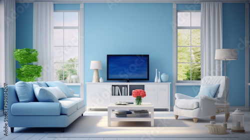 A modern living room with a sleek white entertainment center, augmented reality chairs, and a bright blue ottoman