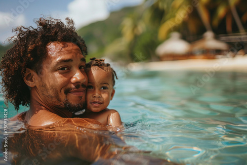 African father holds a child in his arms while swim in tropical sea with palm trees