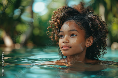 African child girl swim on tropical sea against the background of palm trees.