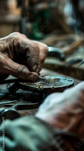 Artisan hands meticulously engraving intricate patterns on a piece of silver metalwork, showcasing the traditional skills of metal crafting in a focused workshop setting.