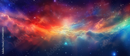 Various colorful stars and clouds fill the space, creating a vibrant and dynamic scene. The stars shine brightly against the backdrop of fluffy clouds, blending together in a visually appealing