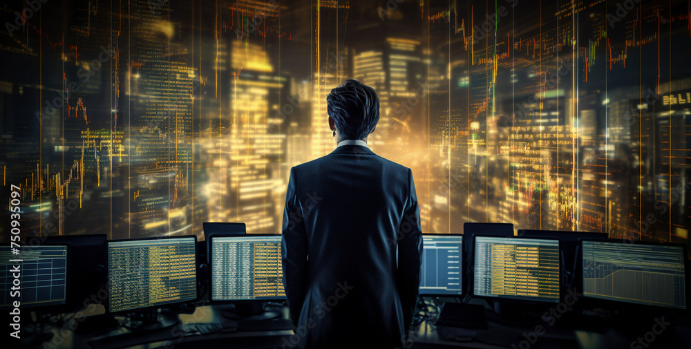 Businessman Analyzing Data on Multiple Computer Screens Businessman Analyzing Data on Multiple Computer Screens