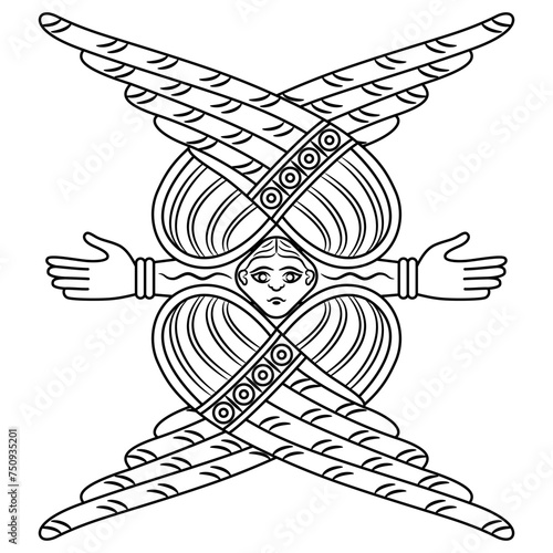 Four winged cherub or cherubim. Christian Orthodox religious symbol. Medieval design. Black and white linear silhouette.