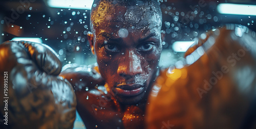 Tired Thai Sweaty Warrior: Gloves, Intense Gaze. Boxer's determination shines as he faces the camera from the ring, sweat glistening on his gloves. Active sporty men hard work concept..