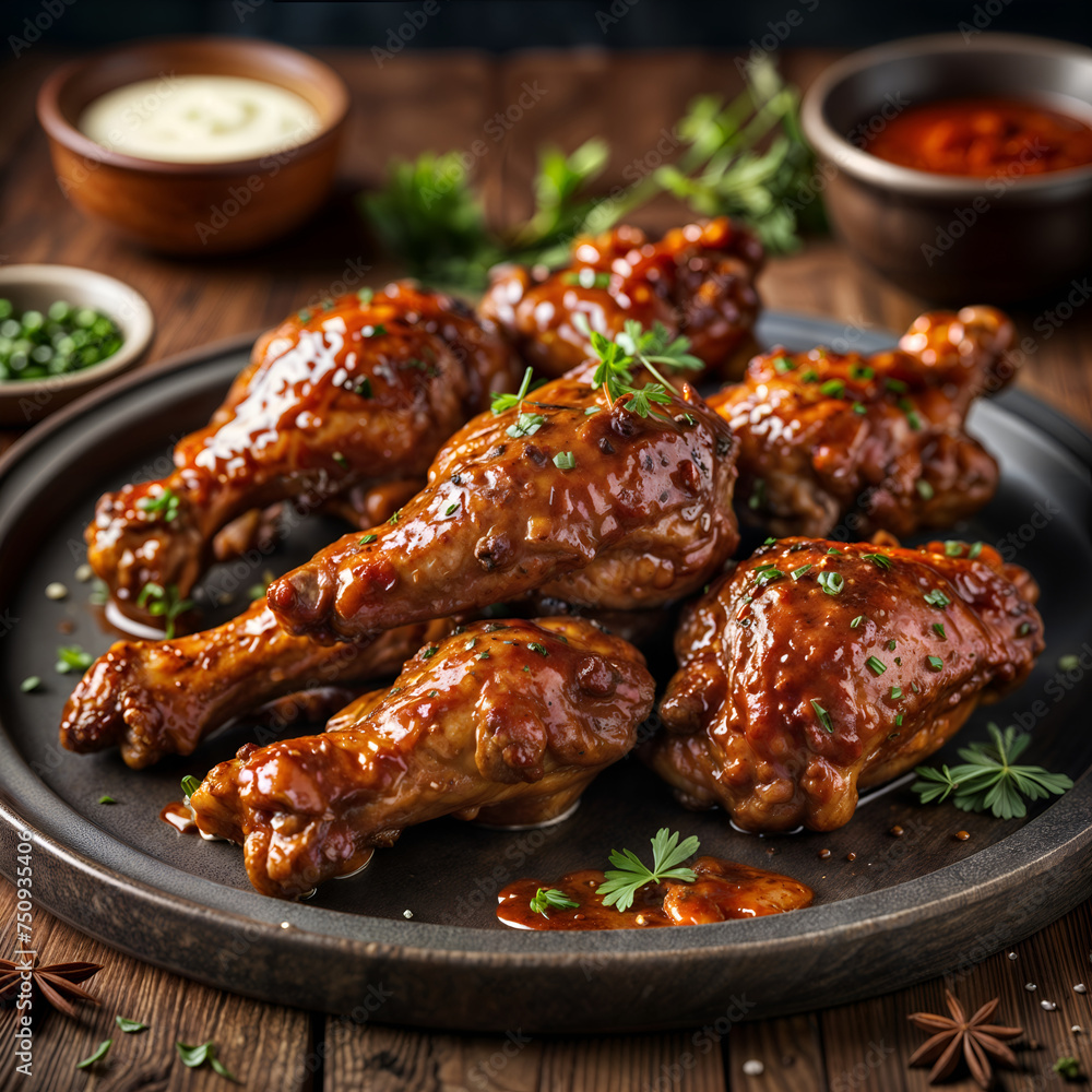 Delicious glazed chicken wings garnished with herbs, served on a rustic wooden plate, perfect for appetizers or meals