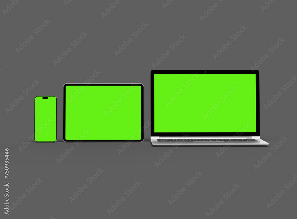 Mockup of laptop, tablet and smartphone on a grey background Mockup of laptop, tablet and smartphone on a grey background