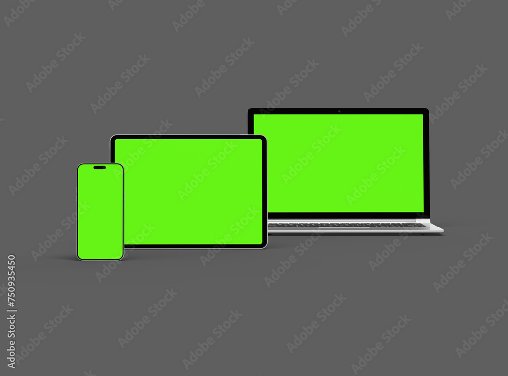 Mockup of laptop, tablet and smartphone on a grey background Mockup of laptop, tablet and smartphone on a grey background