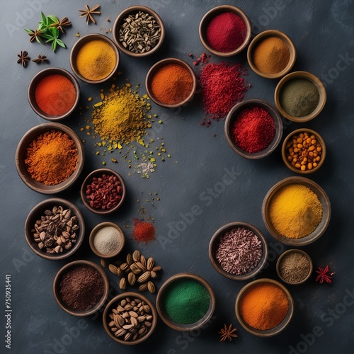 A variety of colorful spices and herbs displayed in bowls on a dark wooden surface, showcasing culinary diversity