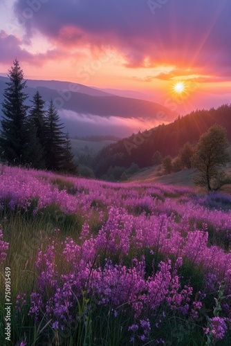 The first rays of dawn over the mountain meadows