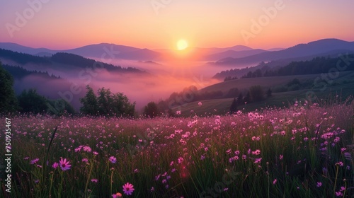 The first rays of dawn over the mountain meadows