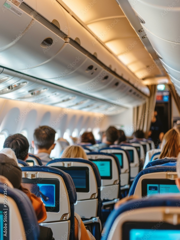 Obraz premium Passengers on an airplane with seats and blue screens. Generative AI.