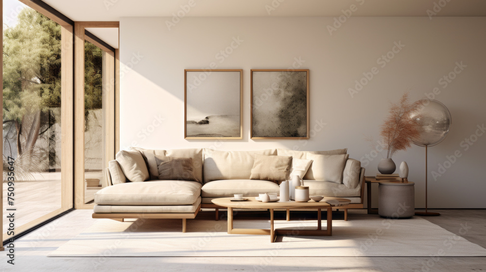 A modern living room with sustainable furniture and a neutral palette A modern living room with sustainable furniture and a neutral palette
