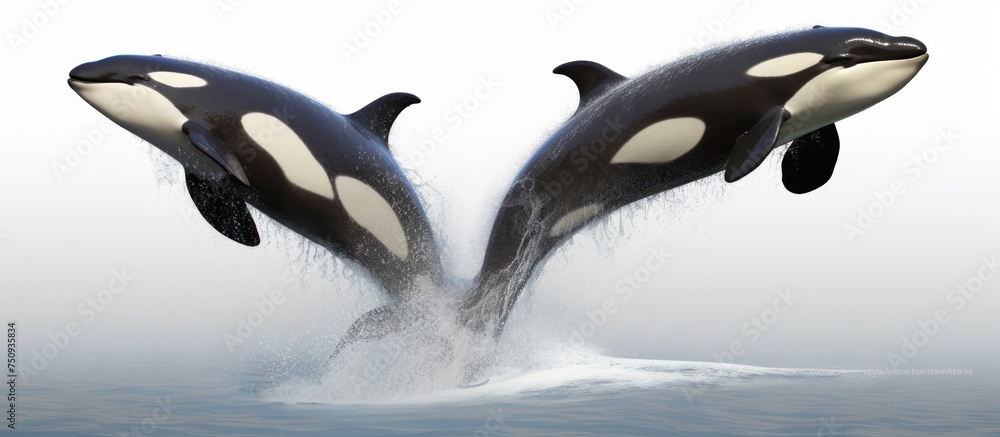 3D illustration of two killer whales jumping in the open sea, white background 3D illustration of two killer whales jumping in the open sea, white background