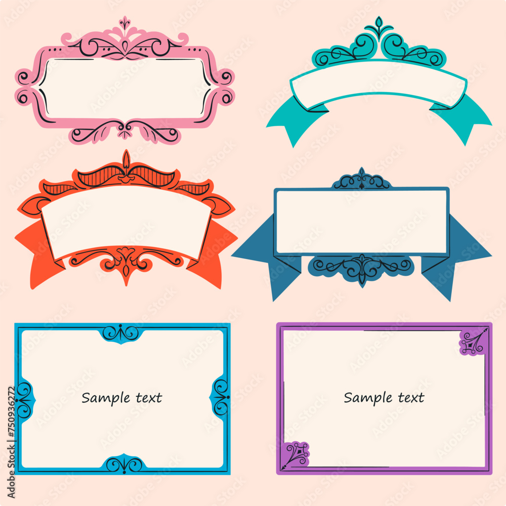 Set of different decorative frames of different shapes for your text or quote. Classic ornament. Beautiful shape. Vintage, retro design, elegant, fashion style. Hand drawn colorful vector illustration Set of different decorative frames of different shapes for your text or quote. Classic ornament. Beautiful shape. Vintage, retro design, elegant, fashion style. Hand drawn colorful vector illustration