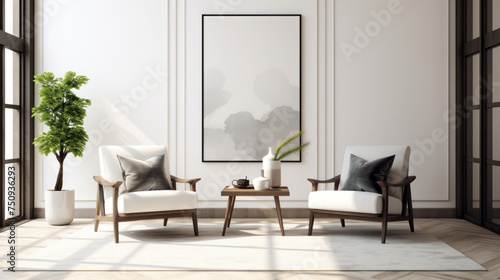 A modern living room with two white armchairs, minimalistic wall art, and a black and white patterned rug 