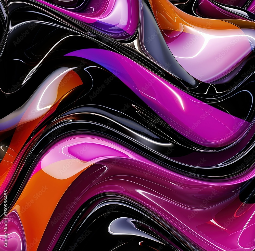 Purple, black hues in a swirling abstract liquid 
silk pattern, Curve Dynamic Fluid Liquid Wallpaper ideal for creative multicolor Neon Sky Gradient Background.