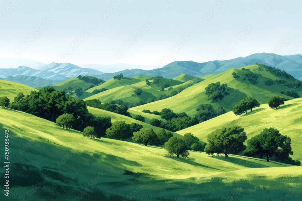 Obraz premium Lush Green Hills and Trees in Rural Countryside