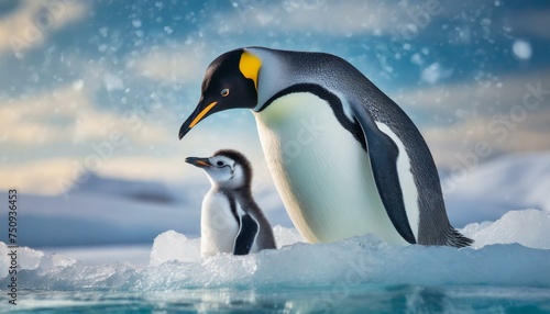 A nice penguin with his baby on the ice. photo