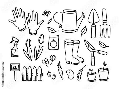 Vector Line Big Set of gardening tools and equipment. Small garden tools, pruning shears, watering can, gardening gloves, rubber boots, seeds.