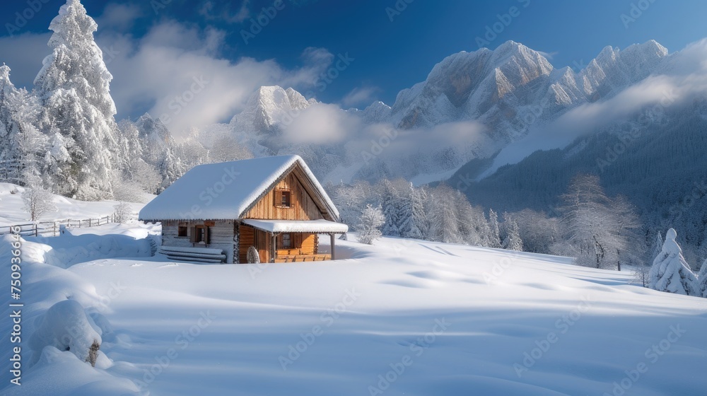 Secluded Cabin Amidst Snowy Peaks Under Blue Sky