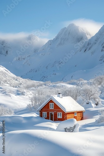 Secluded Cabin Amidst Snowy Peaks Under Blue Sky