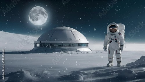 Spaceman Astronaut, Moon Earth, UFO, Landscape Scenery, Snow, Snowfall, Snow Falling, Loop Video 4K Background, AI