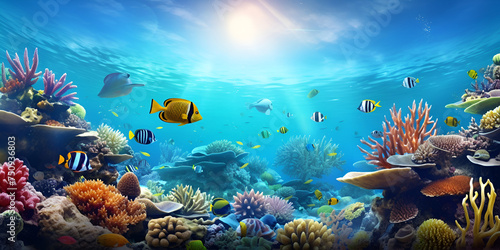 Large group of fish swimming over a coral reef ecosystem aquatic life on ocean floor background 