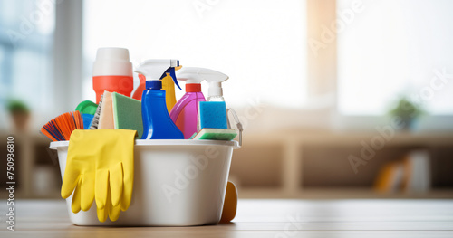 cleaning products, Copy space text, cleaning supplies, Home service, cleaning bucket, bokeh background House