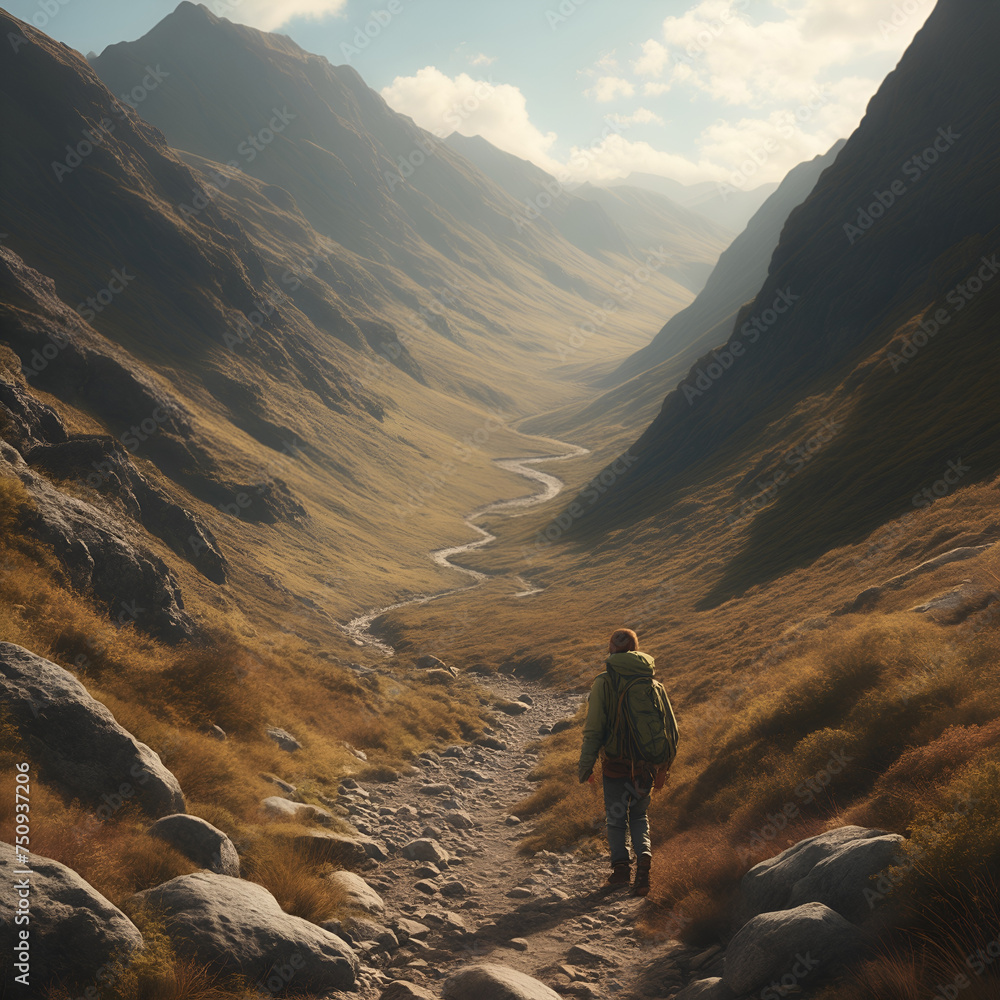 A lone hiker treks through a serene mountain valley, surrounded by towering peaks and illuminated by soft sunlight