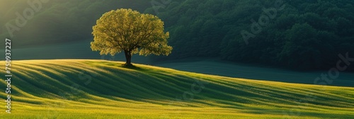 Lone Tree Bathed in Sunlight on a Verdant Hillside