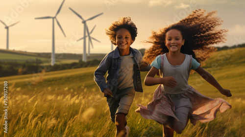 Joyful Children Running in Field with Windmills photo