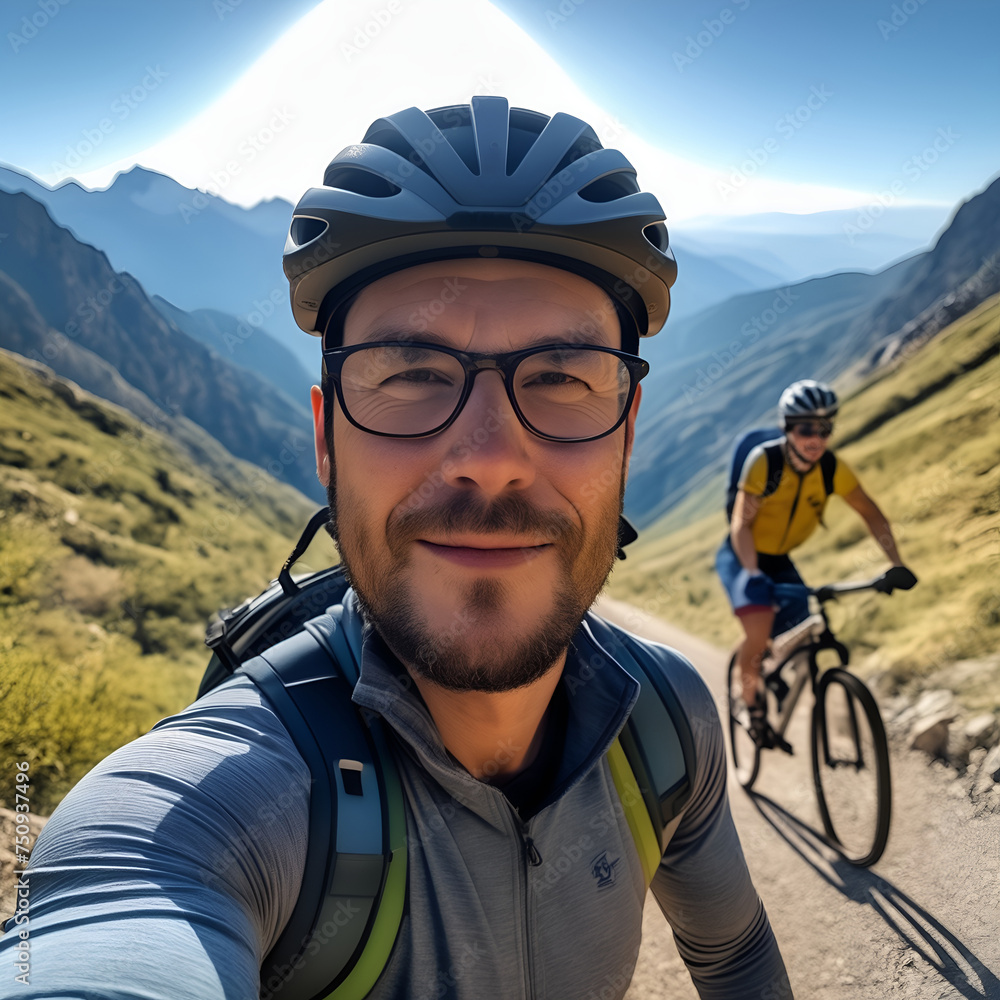 A cyclist in an orange jacket takes, with scenic mountain trails and another biker in the background