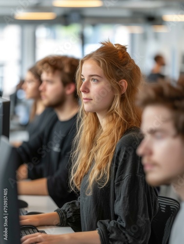 Young people sitting at computers in an office. Generative AI.