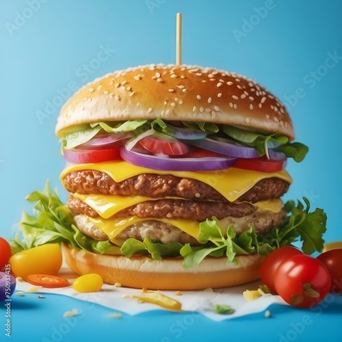 A delicious burger with fresh lettuce, juicy tomatoes, onions, cheddar cheese, and a well-cooked beef patty on a sesame seed bun