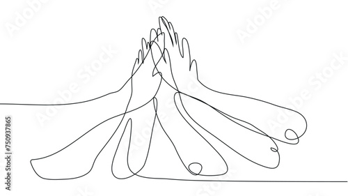 Continuous line of men giving high fives gesture hands to celebrate success. Business teamwork concept