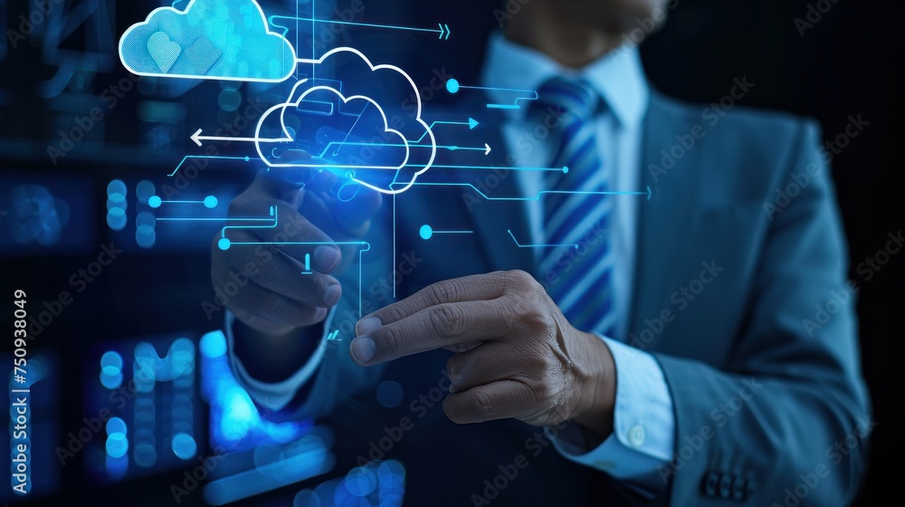 A businessman is depicted working with a cloud computing diagram on a new computer interface - obrazy, fototapety, plakaty 