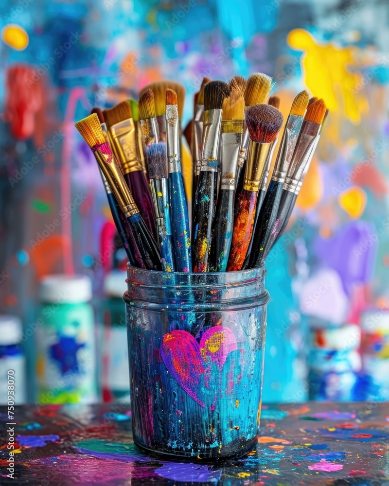 Many paint brushes in a jar on a table. Generative AI. Many paint brushes in a jar on a table. Generative AI.