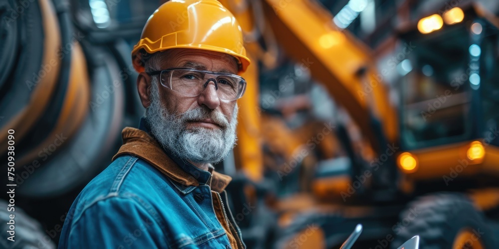 An older man in a hard hat and glasses standing in front of machinery. Generative AI. An older man in a hard hat and glasses standing in front of machinery. Generative AI.