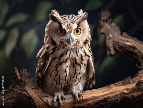 majestic owl perched on a sturdy branch, its piercing gaze fixed directly at the camera. The owl's large, round eyes exude intelligence and curiosity as it surveys its surroundings. Its feathers