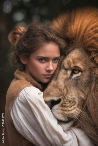 Portrait of a young girl with a lion  symbolizing connection and trust