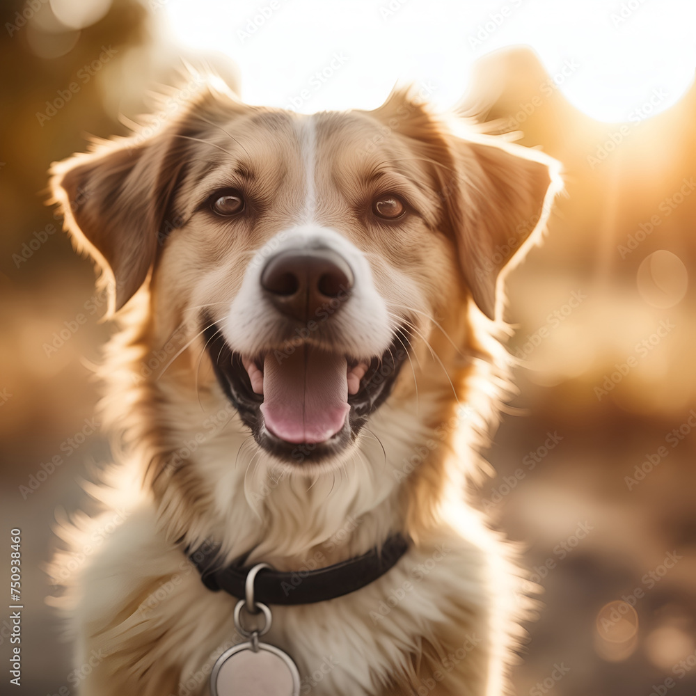 Close-up of a dog with expressive eyes, bathed in warm, golden sunlight