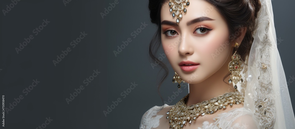 A beautiful Asian woman in a wedding dress with a veil on her head, showcasing close-up portraits with professional makeup on a grey background.