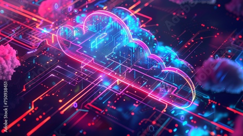 A vector art illustration presents a 3D depiction of cloud computing online data storage service, set against a digital technology security background